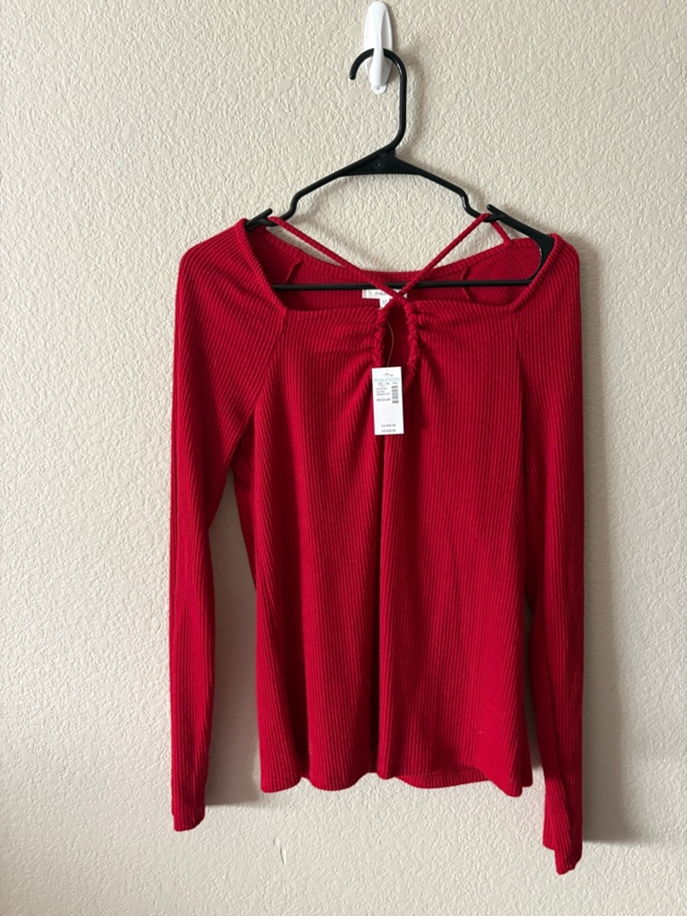 Red Ribbed Long-Sleeve Tie-Back Top - Unbranded